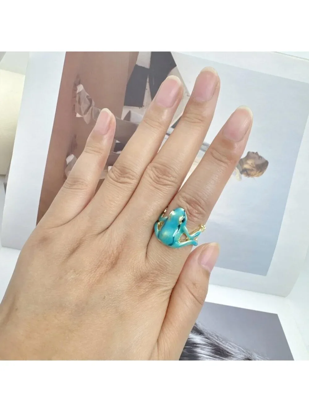 Women Blue Vintage Punk Animal Jewelry Open Shaped Gift Delicate Tree Frog Ring